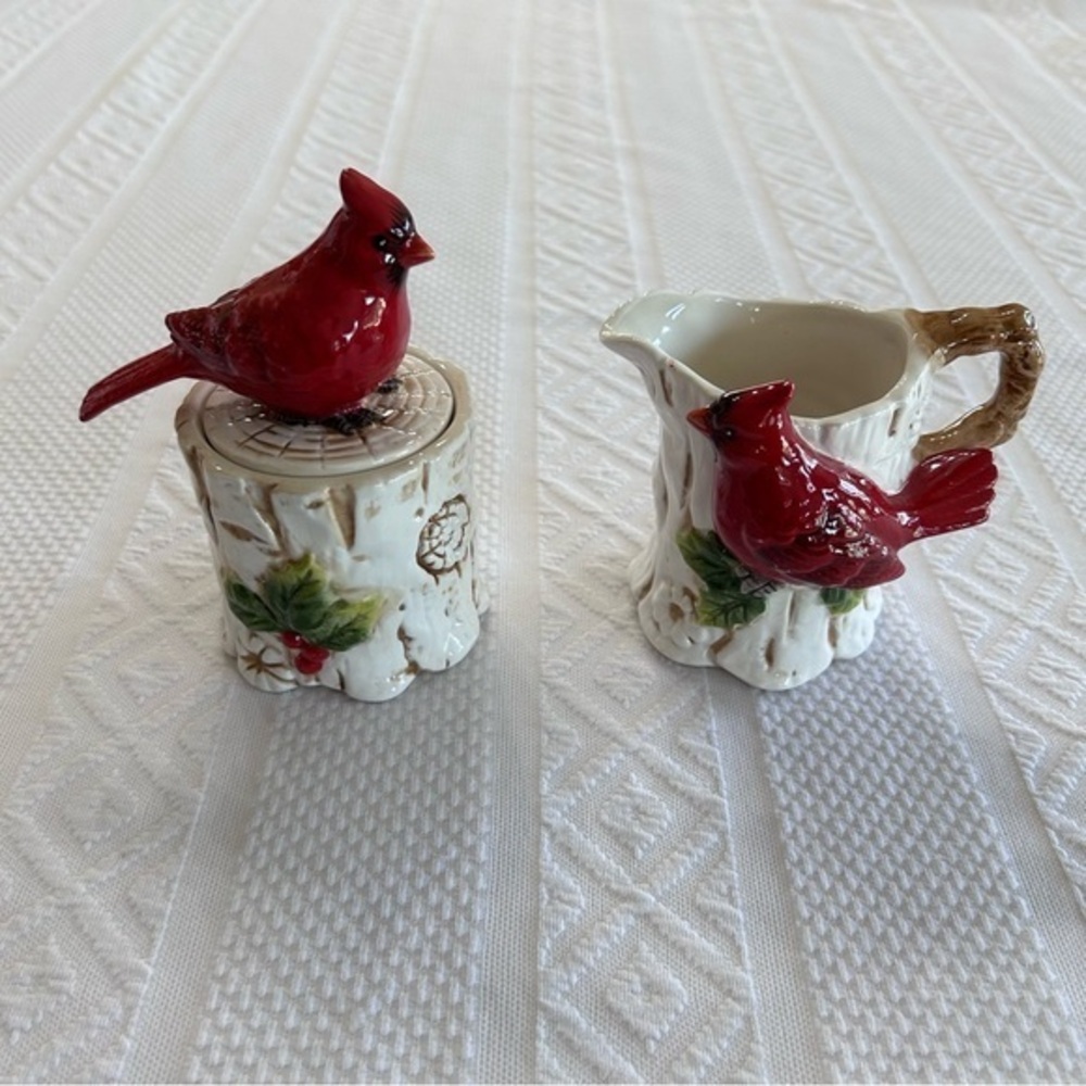 Christmas Cardinal Ceramic Cream‎ and Sugar Serving Set Signed E.G Rush